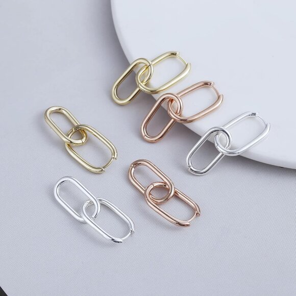 Dainty Paperclip Huggie Hoop Earrings 14K Gold Plated Chunky Chain Link Earrings - Picture 4 of 5